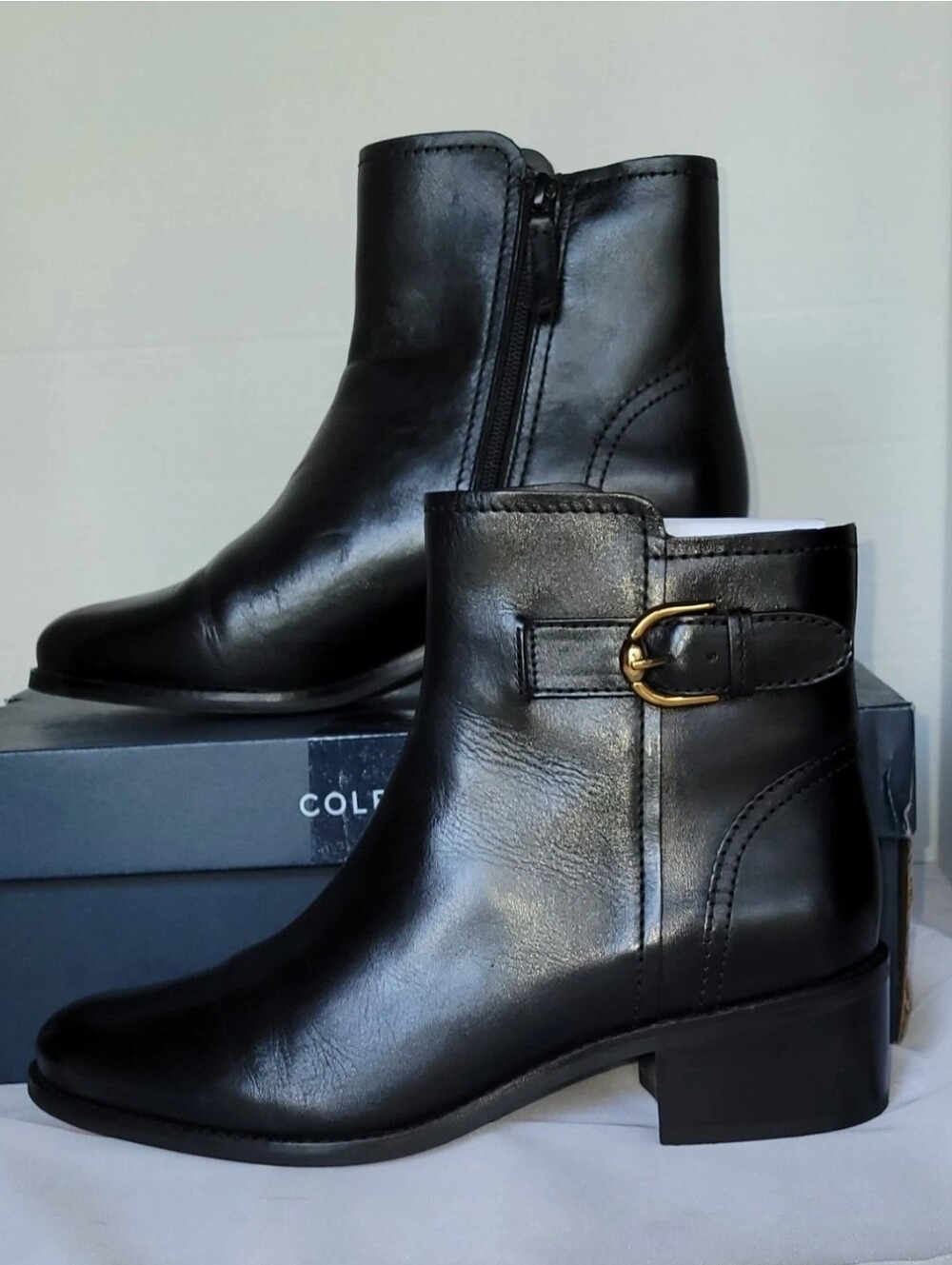 Cole Haan Women's Hanover Black Leather Ankle Boots with Gold Buckle